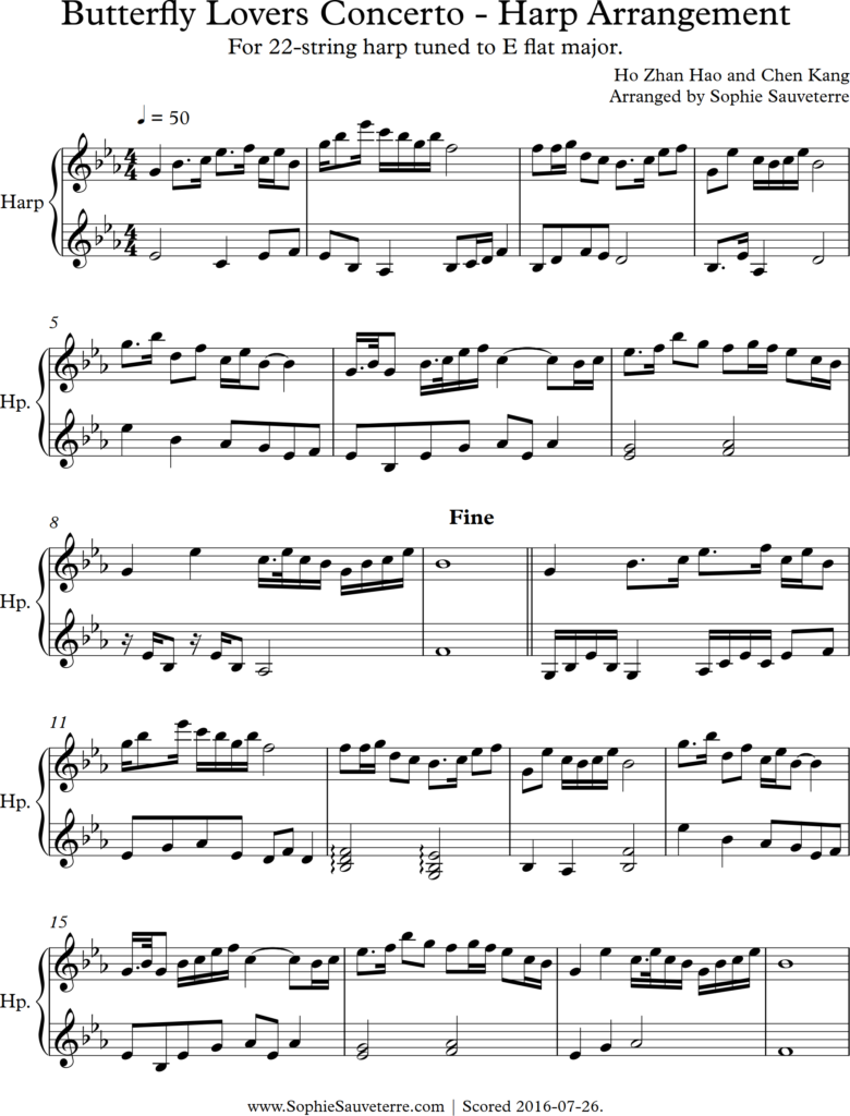 Butterfly Lovers Concerto by Ho Zhan Hao and Chen Kang Arranged for 22 String Harp Tuned to E flat major Sophie Sauveterre