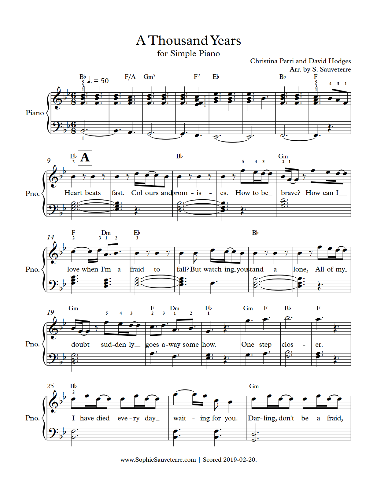 satélite Fielmente T Christina Perri – A Thousand Years – Simple Piano Sheet Music Arrangement –  Sophie Sauveterre