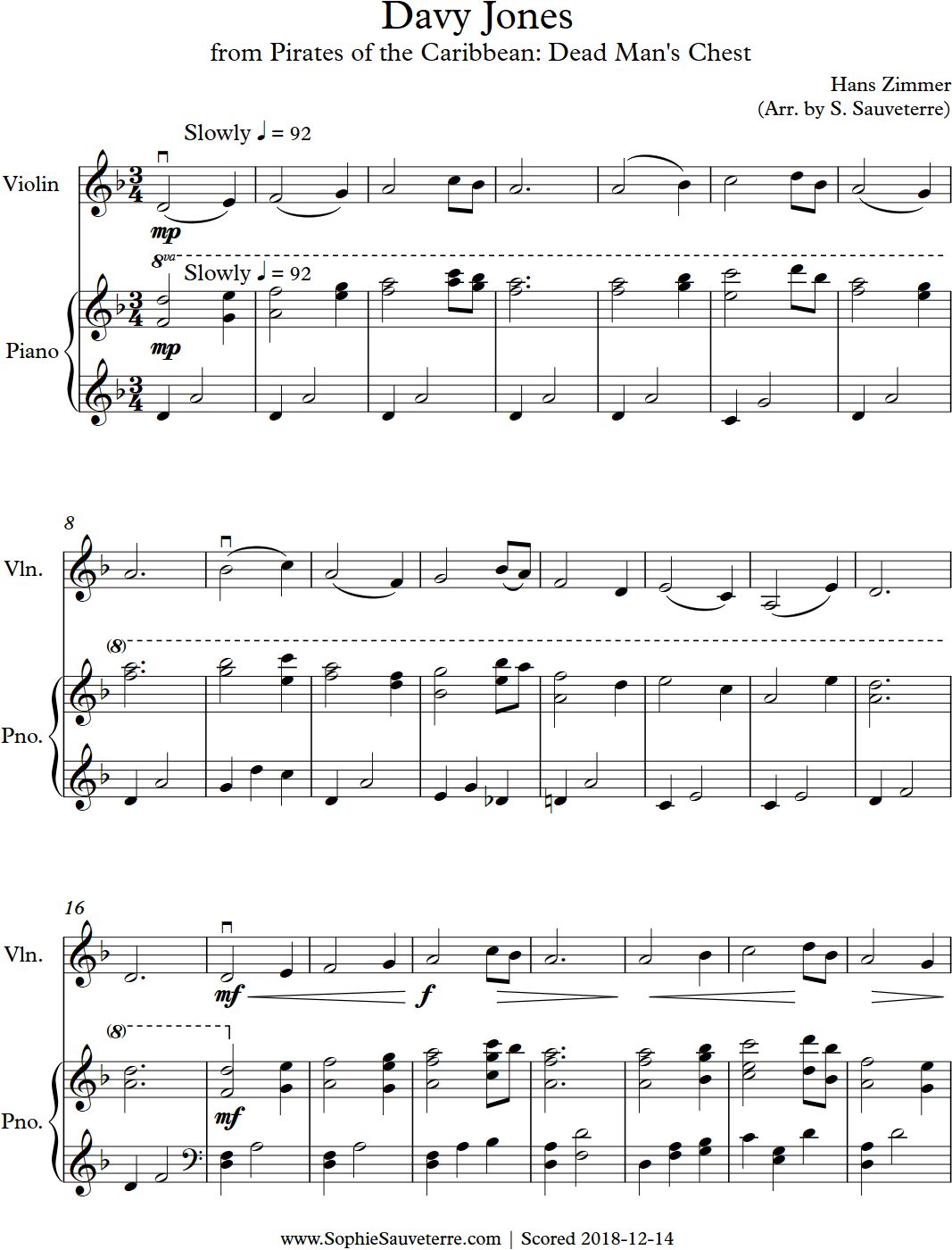 Davy Jones From Pirates Of The Caribbean Easy Sheet Music Arrangement 